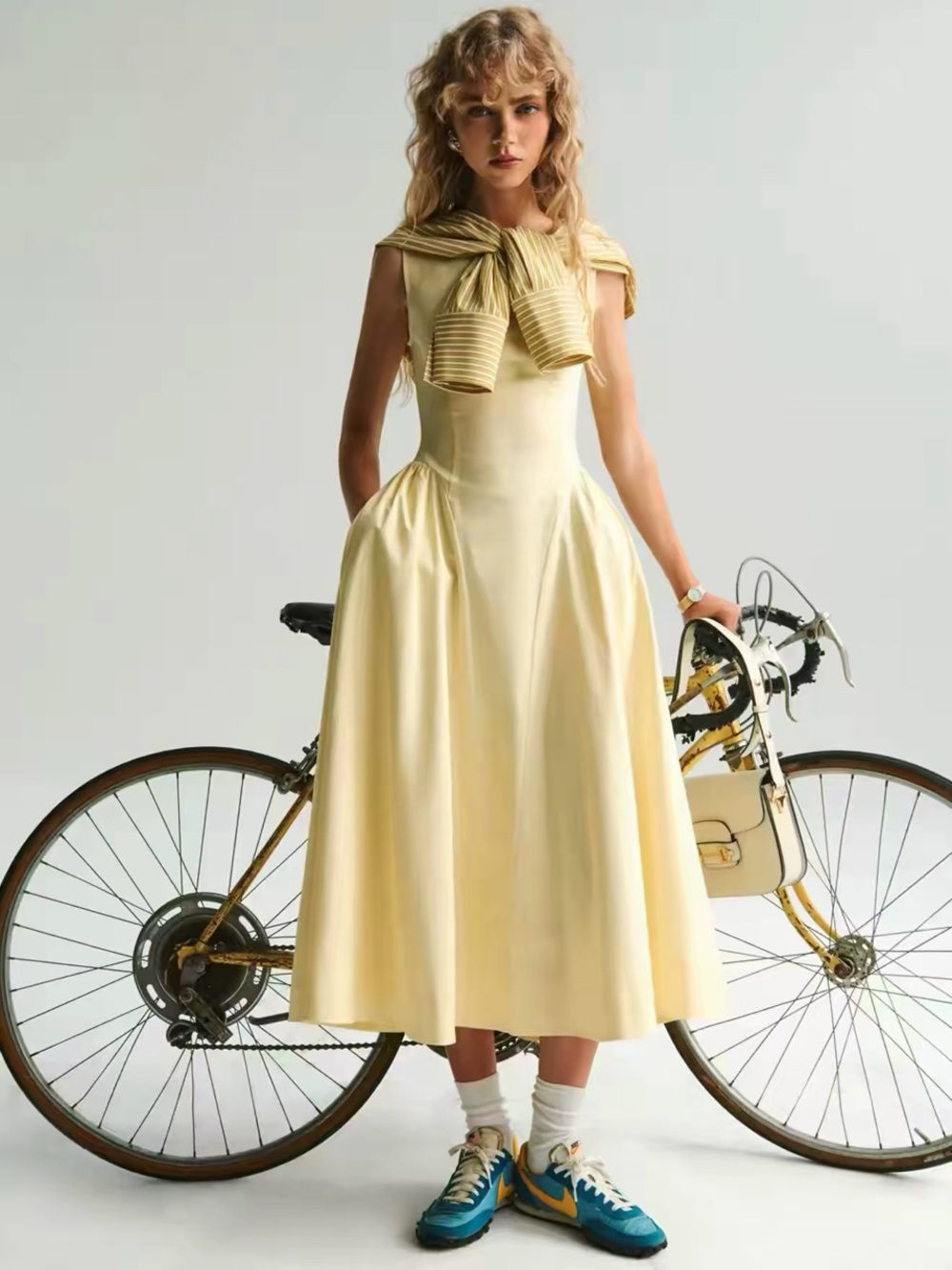 Helsa Boat Neck Butter Yellow Stretch Cotton Open Back Midi Dress NWOT